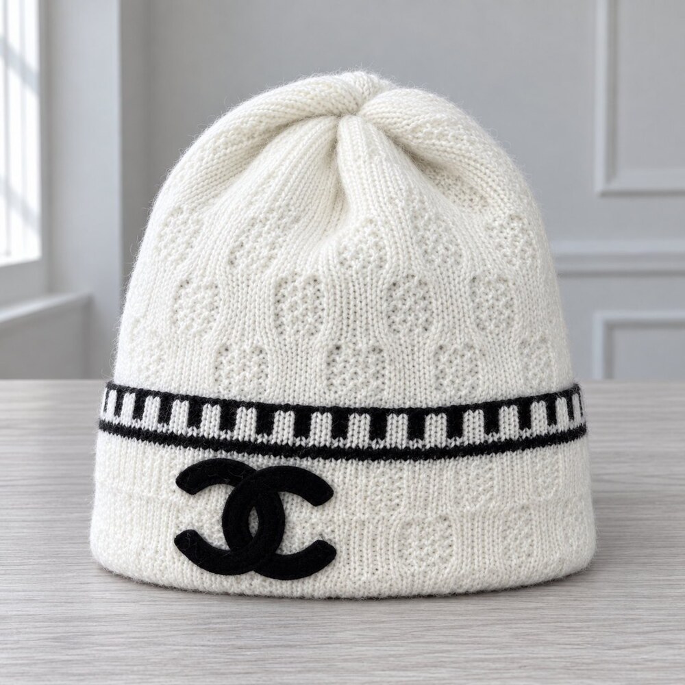 CHANEL White Knit Beanie Black Trim - Picture 1 of 6